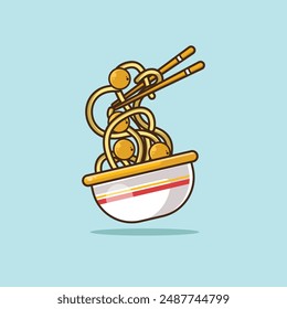 Design a vector illustration of noodles in a container that can be eaten with chopsticks
