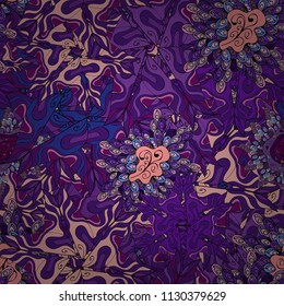 Design. Vector illustration. Seamless Print. Cute fabric pattern. Flat doodles. Elements violet, purple and pink on colors.