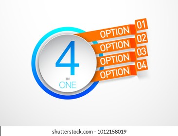 Design Vector Illustration Sign Numbers "four in one". Flat Button with Figures 4 in 1 icon and Tapes with Names Options. Vector Color banner with logo four and one numeral in the Circle Flat Button