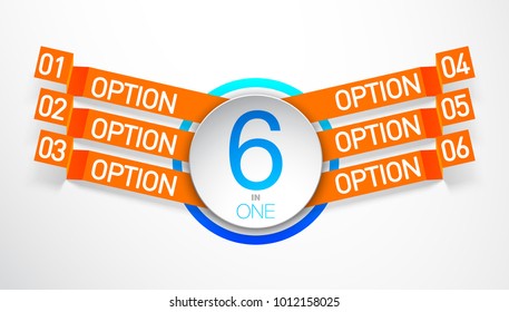 Design Vector Illustration Sign Numbers "six in one". Flat Button with Figures 6 in 1 icon and Tapes with Names Options. Vector Color banner with logo six and one numeral in the Circle Flat Button