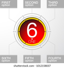 Design Vector Illustration Sign Numbers "six in one". Flat Button with Figures 6 in 1 icon and Tapes with Names Options. Vector Color banner with logo six and one numeral in the Circle Flat Button