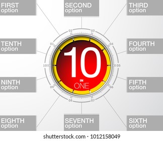 Design Vector Illustration Sign Numbers "ten in one". Flat Button with Figures 10 in 1 icon and Tapes with Names Options. Vector Color banner with logo ten and one numeral in the Circle Flat Button