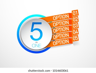 Design Vector Illustration Sign Numbers "five in one". Flat Button with Figures 5 in 1 icon and Tapes with Names Options. Vector Color banner with logo five and one numeral in the Circle Flat Button