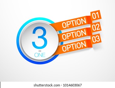 Design Vector Illustration Sign Numbers "three in one". Flat Button with Figures 3 in 1 icon and Tapes with Names Options. Vector Color banner with logo three and one numeral in the Circle Flat Button