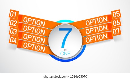 Design Vector Illustration Sign Numbers "seven in one". Flat Button with Figures 7 in 1 icon and Tapes with Names Options. Vector Color banner with logo seven and one numeral in the Circle Flat Button