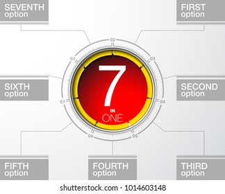 Design Vector Illustration Sign Numbers "seven in one". Flat Button with Figures 7 in 1 icon and Tapes with Names Options. Vector Color banner with logo seven and one numeral in the Circle Flat Button