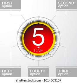 Design Vector Illustration Sign Numbers "five in one". Flat Button with Figures 5 in 1 icon and Tapes with Names Options. Vector Color banner with logo five and one numeral in the Circle Flat Button