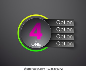 Design Vector Illustration Sign Numbers "four in one". Flat Button with Figures 4 in 1 icon and Tapes with Names Options. Vector Color banner with logo four and one numeral in the Circle Flat Button