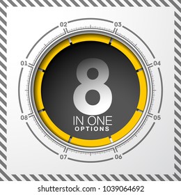 Design Vector Illustration Sign Numbers "eight in one". Flat Button with Figures 8 in 1 icon and Tapes with Names Options. Vector Color banner with logo eight and one numeral in the Circle Flat Button