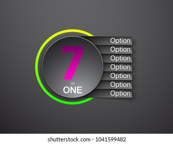 Design Vector Illustration Sign Numbers "seven in one". Flat Button with Figures 7 in 1 icon and Tapes with Names Options. Vector Color banner with logo seven and one numeral in the Circle Flat Button
