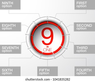 Design Vector Illustration Sign Numbers "nine in one". Flat Button with Figures 9 in 1 icon and Tapes with Names Options. Vector Color banner with logo nine and one numeral in the Circle Flat Button