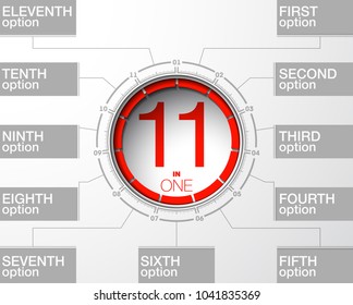 Design Vector Illustration Sign Numbers "eleven in one". Flat Button with Figures 11 in 1 icon and Tapes with Names Options. Vector Color banner with logo eleven and one numeral in the Circle Button