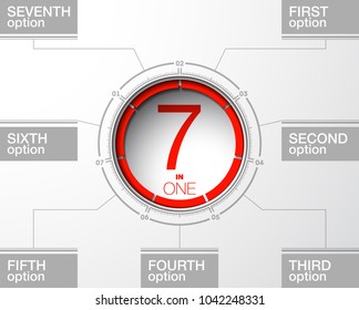Design Vector Illustration Sign Numbers "seven in one". Flat Button with Figures 7 in 1 icon and Tapes with Names Options. Vector Color banner with logo seven and one numeral in the Circle Flat Button