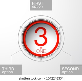 Design Vector Illustration Sign Numbers "three in one". Flat Button with Figures 3 in 1 icon and Tapes with Names Options. Vector Color banner with logo three and one numeral in the Circle Flat Button