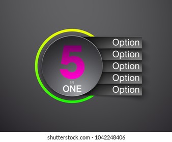 Design Vector Illustration Sign Numbers "five in one". Flat Button with Figures 5 in 1 icon and Tapes with Names Options. Vector Color banner with logo five and one numeral in the Circle Flat Button