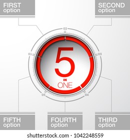 Design Vector Illustration Sign Numbers "five in one". Flat Button with Figures 5 in 1 icon and Tapes with Names Options. Vector Color banner with logo five and one numeral in the Circle Flat Button