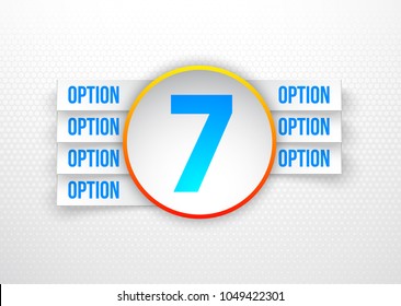 Design Vector Illustration Sign Numbers "seven in one". Flat Button with Figures 7 in 1 icon and Tapes with Names Options. Vector Color banner with logo seven and one numeral in the Circle Flat Button
