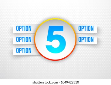 Design Vector Illustration Sign Numbers "five in one". Flat Button with Figures 5 in 1 icon and Tapes with Names Options. Vector Color banner with logo five and one numeral in the Circle Flat Button