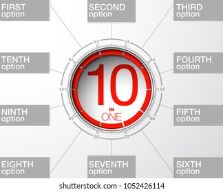 Design Vector Illustration Sign Numbers "ten in one". Flat Button with Figures 10 in 1 icon and Tapes with Names Options. Vector Color banner with logo ten and one numeral in the Circle Flat Button