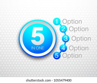 Design Vector Illustration Sign Numbers "five in one". Flat Button with Figures 5 in 1 icon and Tapes with Names Options. Vector Color banner with logo five and one numeral in the Circle Flat Button