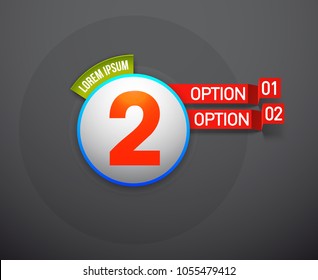 Design Vector Illustration Sign Numbers "two in one". Flat Button with Figures 2 in 1 icon and Tapes with Names of Options. Vector Color banner with logo two and one numeral in the Circle Flat Button.