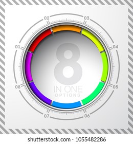 Design Vector Illustration Sign Numbers "eight in one". Flat Button with Figures 8 in 1 icon and Tapes with Names Options. Vector Color banner with logo eight and one numeral in the Circle Flat Button
