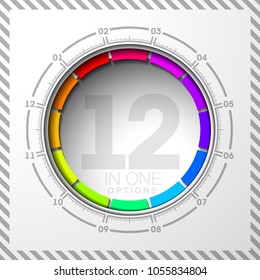 Design Vector Illustration Sign Numbers "twelve in one". Flat Button with Figures 12 in 1 icon and Tapes with Names Options. Vector Color banner with logo twelve and one numeral in the Circle Button