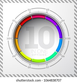 Design Vector Illustration Sign Numbers "ten in one". Flat Button with Figures 10 in 1 icon and Tapes with Names Options. Vector Color banner with logo ten and one numeral in the Circle Flat Button