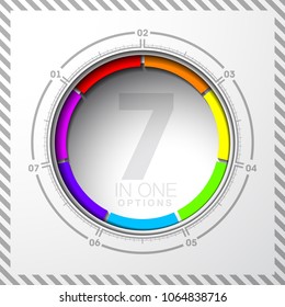 Design Vector Illustration Sign Numbers "seven in one". Flat Button with Figures 7 in 1 icon and Tapes with Names Options. Vector Color banner with logo seven and one numeral in the Circle Flat Button