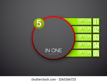 Design Vector Illustration Sign Numbers "five in one". Flat Button with Figures 5 in 1 icon and Tapes with Names Options. Vector Color banner with logo five and one numeral in the Circle Flat Button