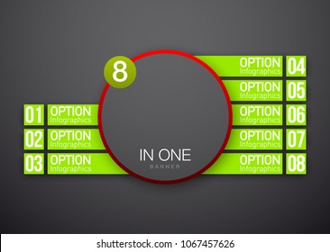 Design Vector Illustration Sign Numbers "eight in one". Flat Button with Figures 8 in 1 icon and Tapes with Names Options. Vector Color banner with logo eight and one numeral in the Circle Flat Button
