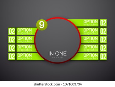 Design Vector Illustration Sign Numbers "nine in one". Flat Button with Figures 9 in 1 icon and Tapes with Names Options. Vector Color banner with logo nine and one numeral in the Circle Flat Button