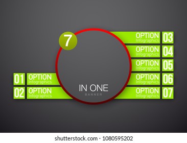 Design Vector Illustration Sign Numbers "seven in one". Flat Button with Figures 7 in 1 icon and Tapes with Names Options. Vector Color banner with logo seven and one numeral in the Circle Flat Button