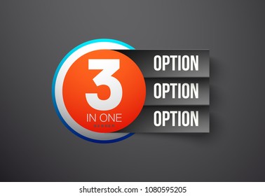 Design Vector Illustration Sign Numbers "three in one". Flat Button with Figures 3 in 1 icon and Tapes with Names Options. Vector Color banner with logo three and one numeral in the Circle Flat Button