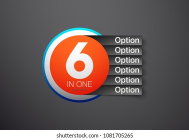 Design Vector Illustration Sign Numbers "six in one". Flat Button with Figures 6 in 1 icon and Tapes with Names Options. Vector Color banner with logo six and one numeral in the Circle Flat Button