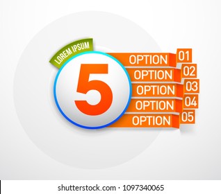 Design Vector Illustration Sign Numbers "five in one". Flat Button with Figures 5 in 1 icon and Tapes with Names Options. Vector Color banner with logo five and one numeral in the Circle Flat Button