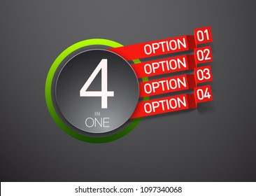 Design Vector Illustration Sign Numbers "four in one". Flat Button with Figures 4 in 1 icon and Tapes with Names Options. Vector Color banner with logo four and one numeral in the Circle Flat Button