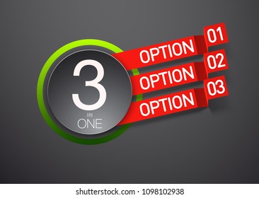 Design Vector Illustration Sign Numbers "three in one". Flat Button with Figures 3 in 1 icon and Tapes with Names Options. Vector Color banner with logo three and one numeral in the Circle Flat Button