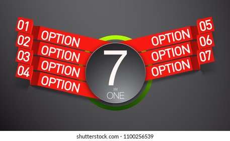 Design Vector Illustration Sign Numbers "seven in one". Flat Button with Figures 7 in 1 icon and Tapes with Names Options. Vector Color banner with logo seven and one numeral in the Circle Flat Button