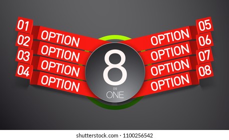 Design Vector Illustration Sign Numbers "eight in one". Flat Button with Figures 8 in 1 icon and Tapes with Names Options. Vector Color banner with logo eight and one numeral in the Circle Flat Button