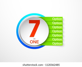 Design Vector Illustration Sign Numbers "seven in one". Flat Button with Figures 7 in 1 icon and Tapes with Names Options. Vector Color banner with logo seven and one numeral in the Circle Flat Button