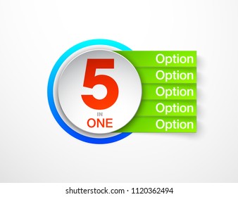 Design Vector Illustration Sign Numbers "five in one". Flat Button with Figures 5 in 1 icon and Tapes with Names Options. Vector Color banner with logo five and one numeral in the Circle Flat Button