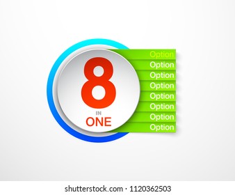 Design Vector Illustration Sign Numbers "eight in one". Flat Button with Figures 8 in 1 icon and Tapes with Names Options. Vector Color banner with logo eight and one numeral in the Circle Flat Button