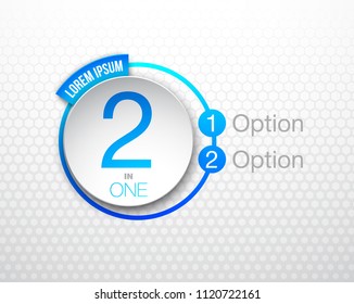 Design Vector Illustration Sign Numbers "two in one". Flat Button with Figures 2 in 1 icon and Tapes with Names of Options. Vector Color banner with logo two and one numeral in the Circle Flat Button.