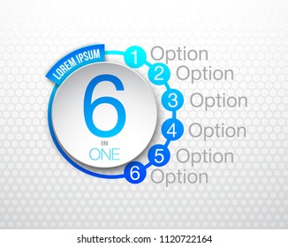 Design Vector Illustration Sign Numbers "six in one". Flat Button with Figures 6 in 1 icon and Tapes with Names Options. Vector Color banner with logo six and one numeral in the Circle Flat Button