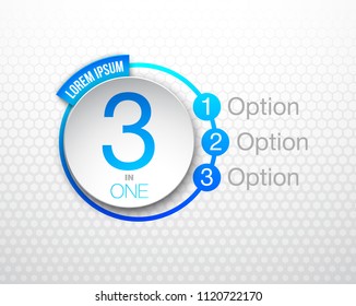 Design Vector Illustration Sign Numbers "three in one". Flat Button with Figures 3 in 1 icon and Tapes with Names Options. Vector Color banner with logo three and one numeral in the Circle Flat Button