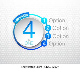 Design Vector Illustration Sign Numbers "four in one". Flat Button with Figures 4 in 1 icon and Tapes with Names Options. Vector Color banner with logo four and one numeral in the Circle Flat Button