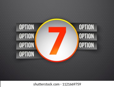 Design Vector Illustration Sign Numbers "seven in one". Flat Button with Figures 7 in 1 icon and Tapes with Names Options. Vector Color banner with logo seven and one numeral in the Circle Flat Button