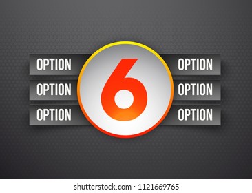 Design Vector Illustration Sign Numbers "six in one". Flat Button with Figures 6 in 1 icon and Tapes with Names Options. Vector Color banner with logo six and one numeral in the Circle Flat Button