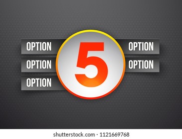 Design Vector Illustration Sign Numbers "five in one". Flat Button with Figures 5 in 1 icon and Tapes with Names Options. Vector Color banner with logo five and one numeral in the Circle Flat Button